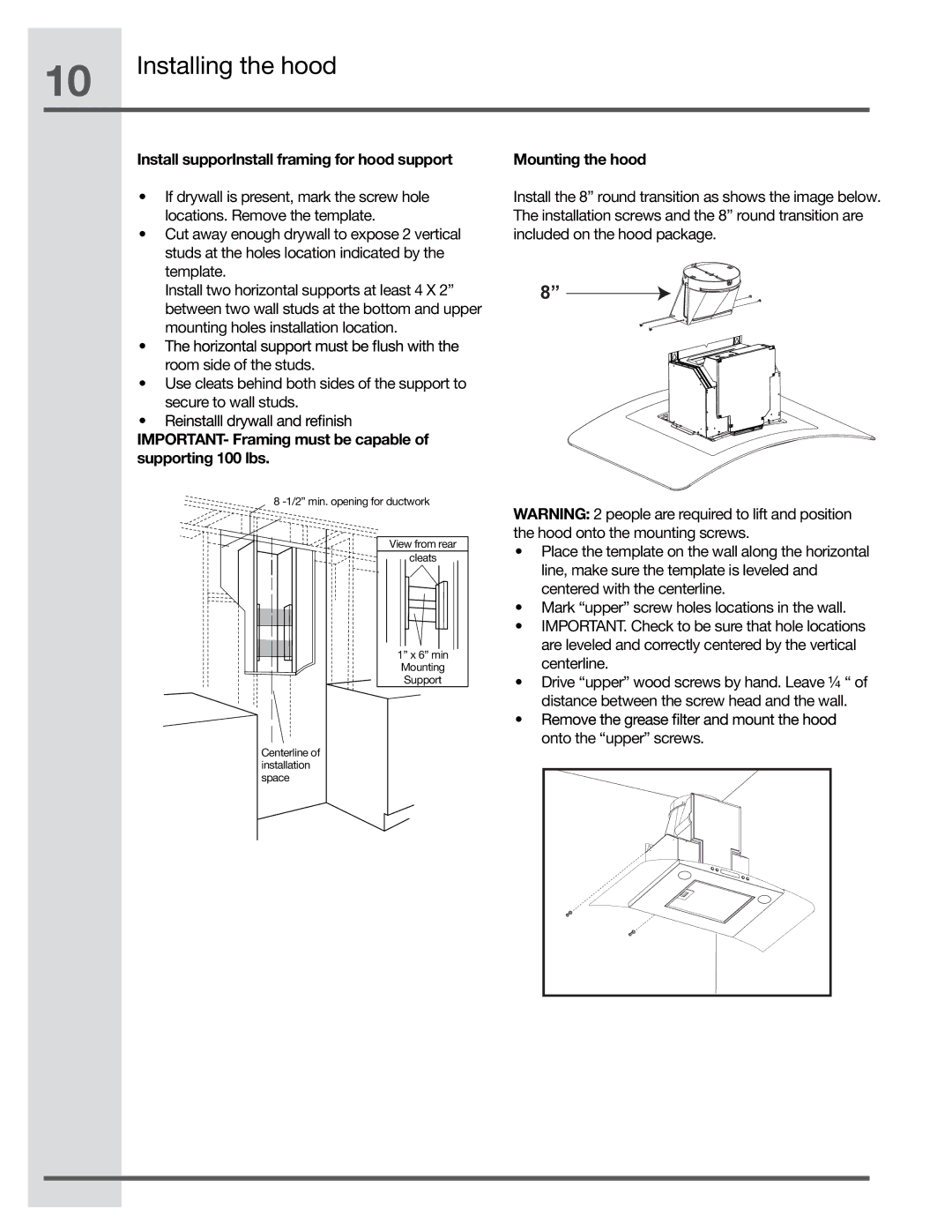 Electrolux RH36WC60GS, RH30WC60GS manual Install supporInstall framing for hood support, Mounting the hood 