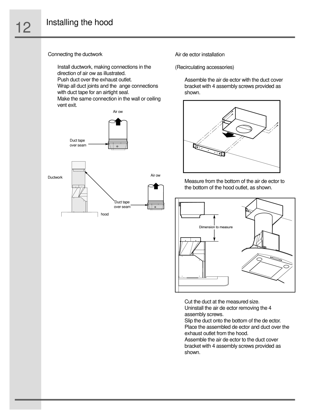 Electrolux RH36WC60GS, RH30WC60GS manual Connecting the ductwork, Air deflector installation Recirculating accessories 