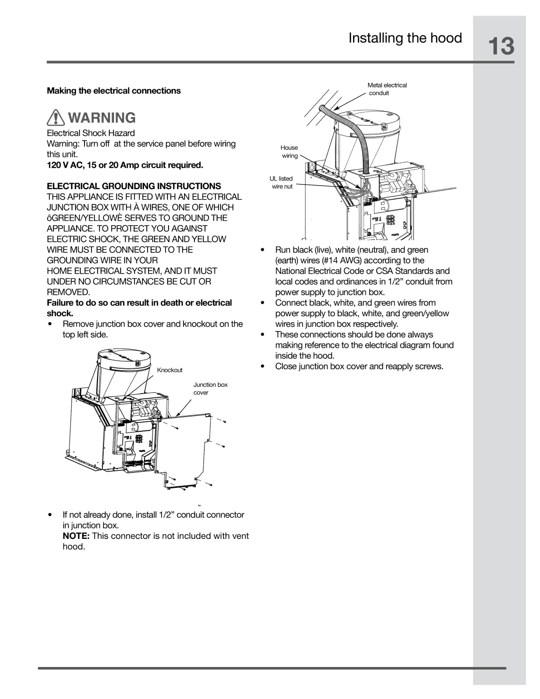 Electrolux RH30WC60GS manual Making the electrical connections, Failure to do so can result in death or electrical shock 