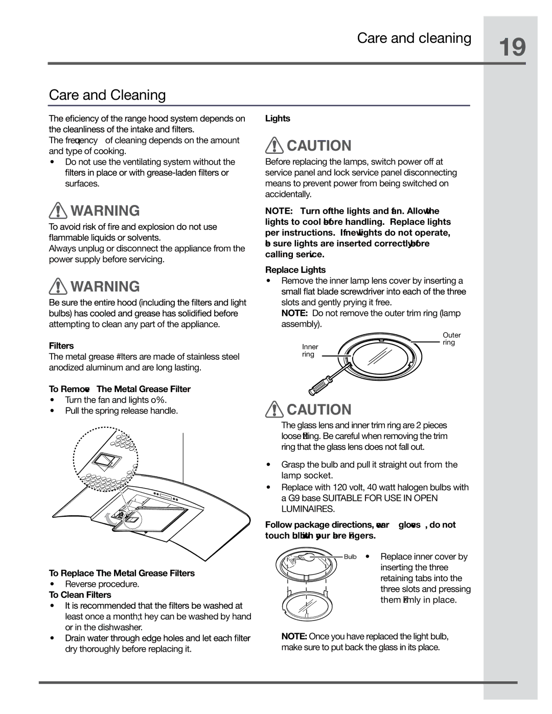 Electrolux RH30WC60GS, RH36WC60GS manual Care and cleaning Care and Cleaning 