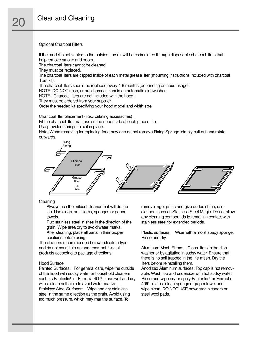 Electrolux RH36WC60GS Clear and Cleaning, Optional Charcoal Filters, Char coal filter placement Recirculating accessories 