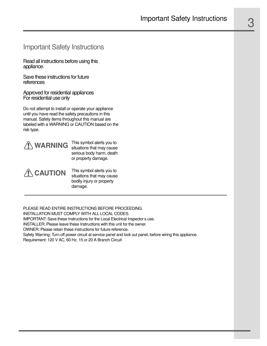 Electrolux RH30WC60GS, RH36WC60GS manual Important Safety Instructions 