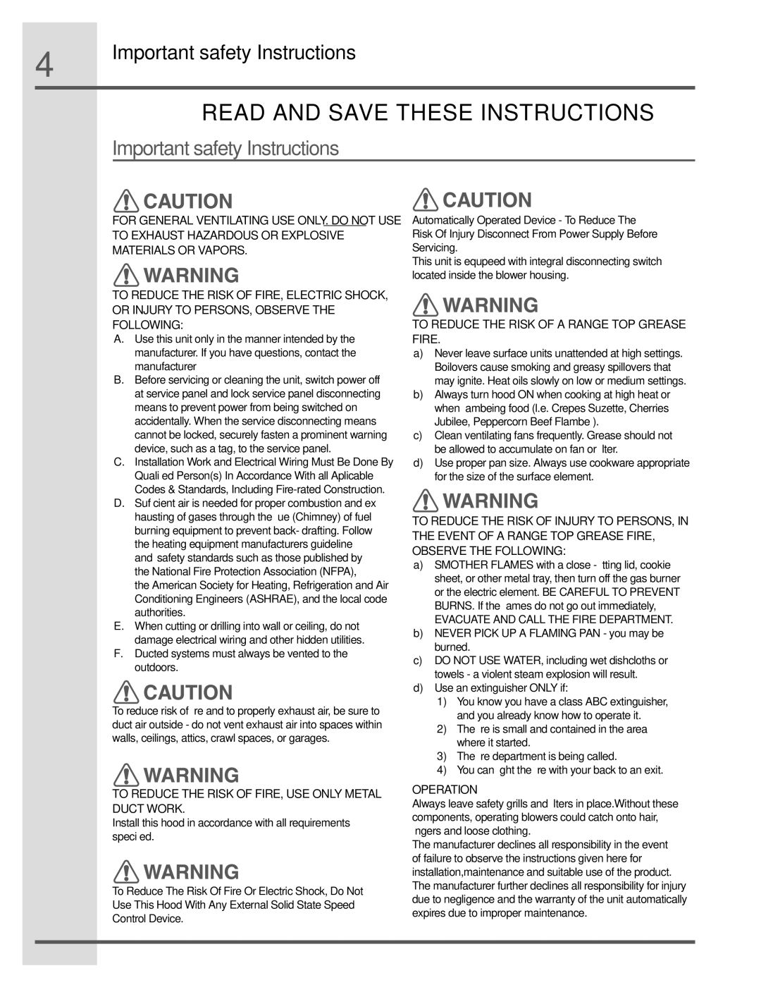 Electrolux RH36WC60GS, RH30WC60GS manual Read and Save These Instructions 