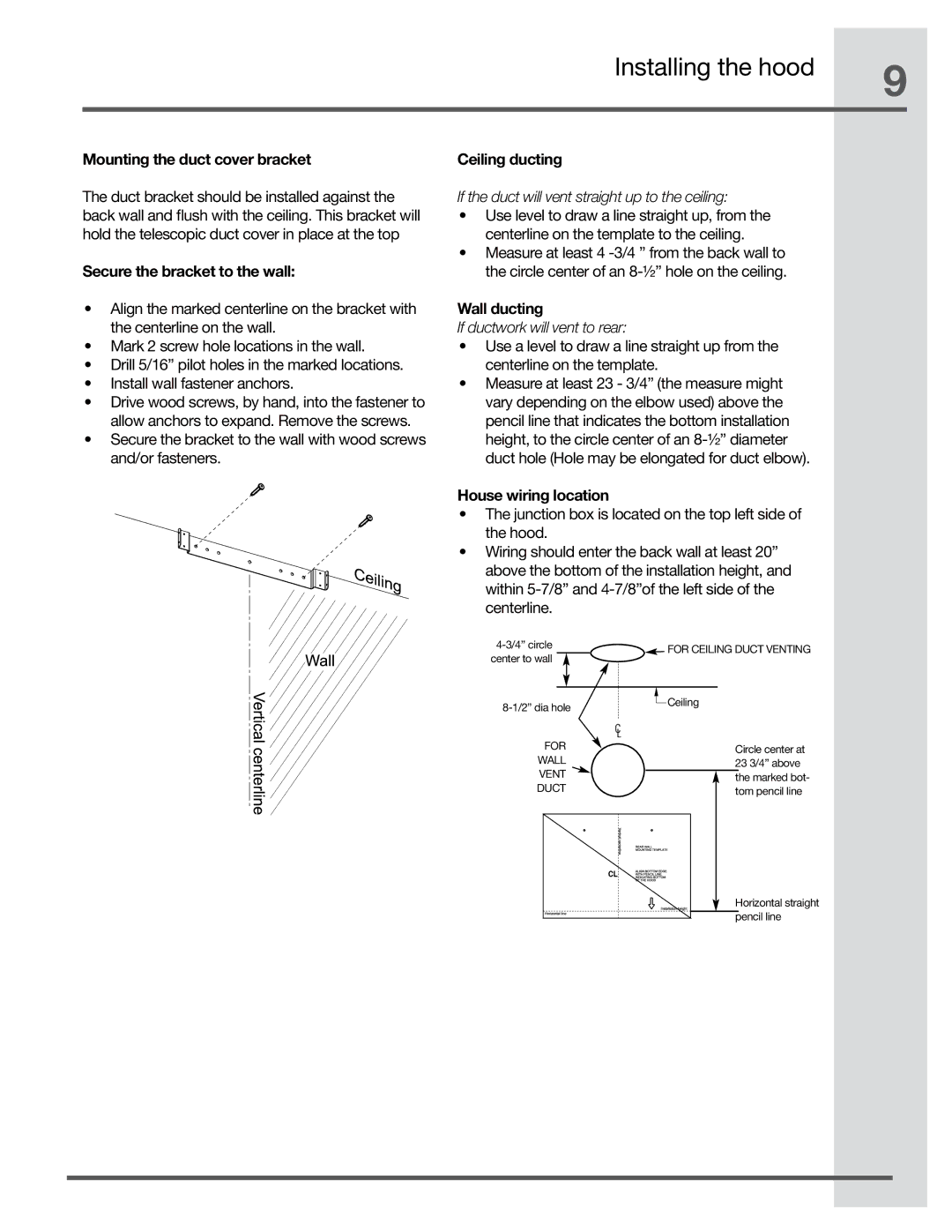 Electrolux RH30WC60GS manual Mounting the duct cover bracket, Secure the bracket to the wall, Ceiling ducting, Wall ducting 