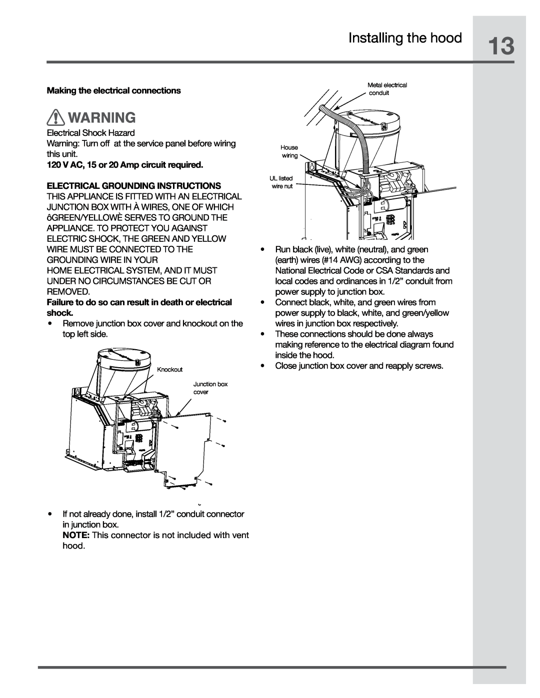 Electrolux RH30WC60GS manual Making the electrical connections, V AC, 15 or 20 Amp circuit required, Installing the hood 