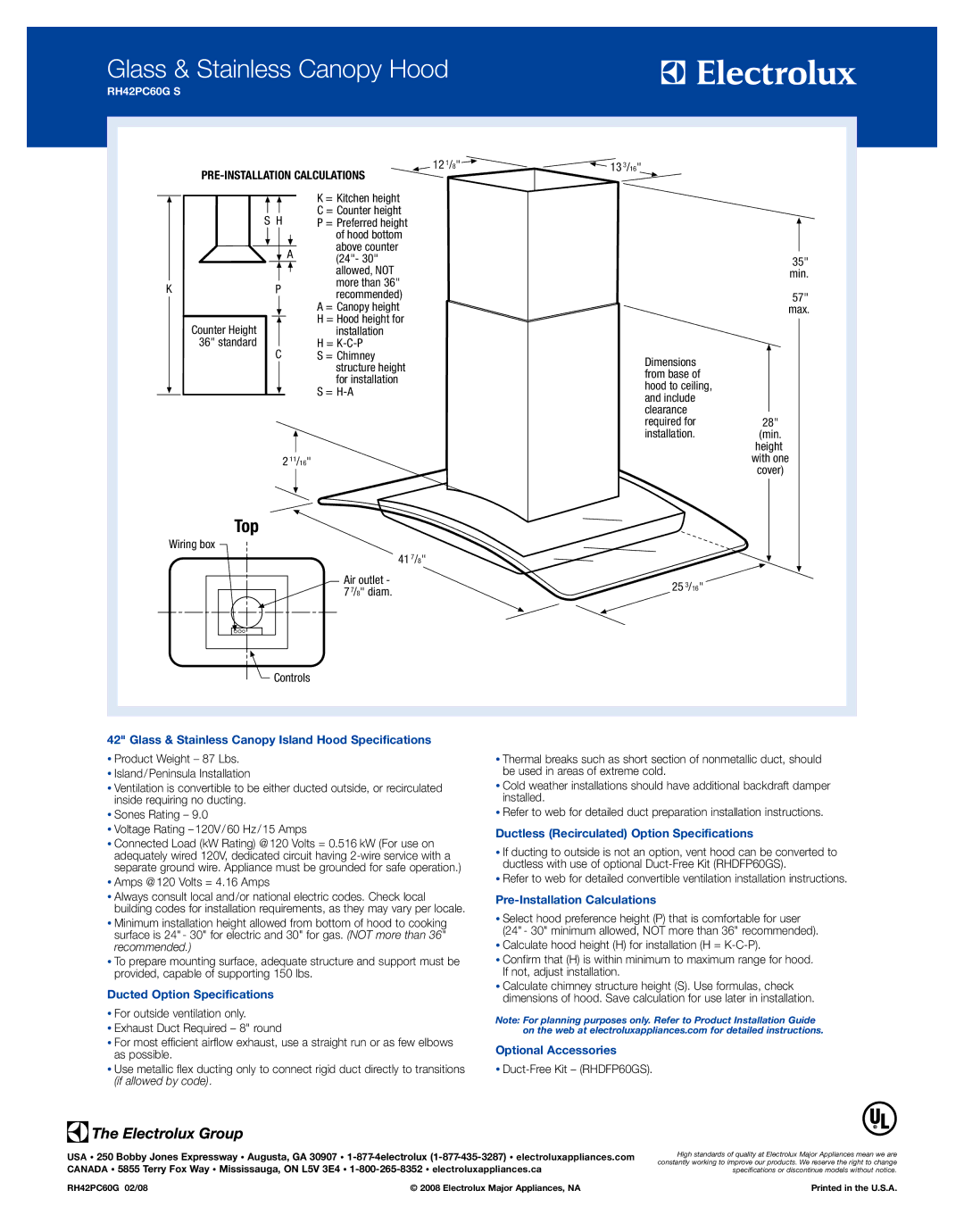 Electrolux RH42PC60GS specifications Glass & Stainless Canopy Island Hood Specifications, Ducted Option Specifications 