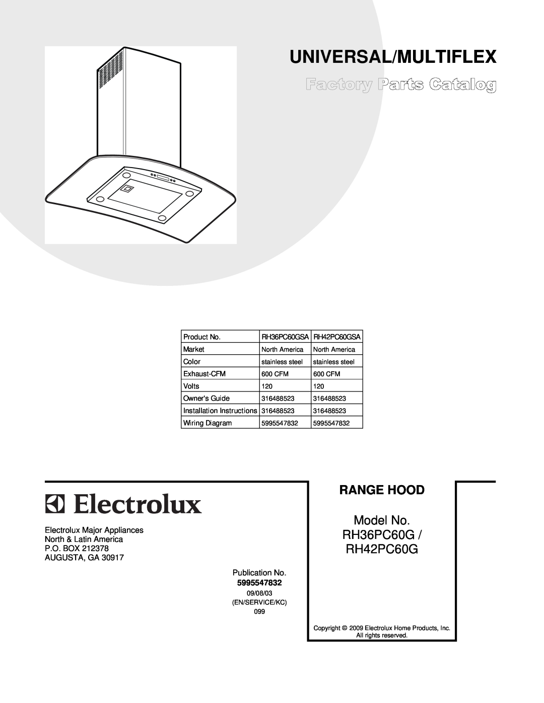 Electrolux installation instructions Universal/Multiflex, Range Hood, Model No RH36PC60G RH42PC60G, SE1RBA.eps 