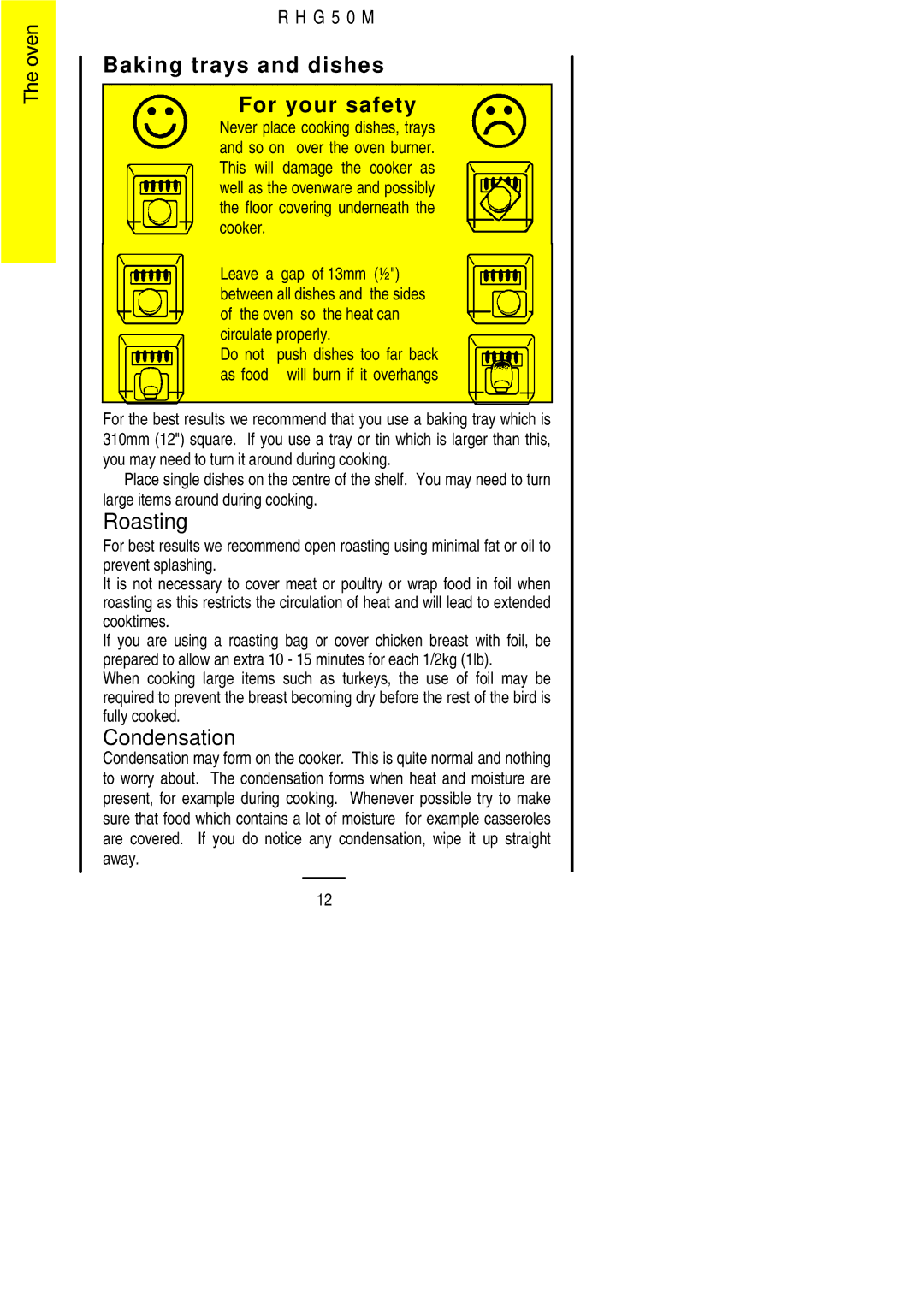 Electrolux RHG50M Baking trays and dishes For your safety, Roasting, Condensation, As food Will burn if 