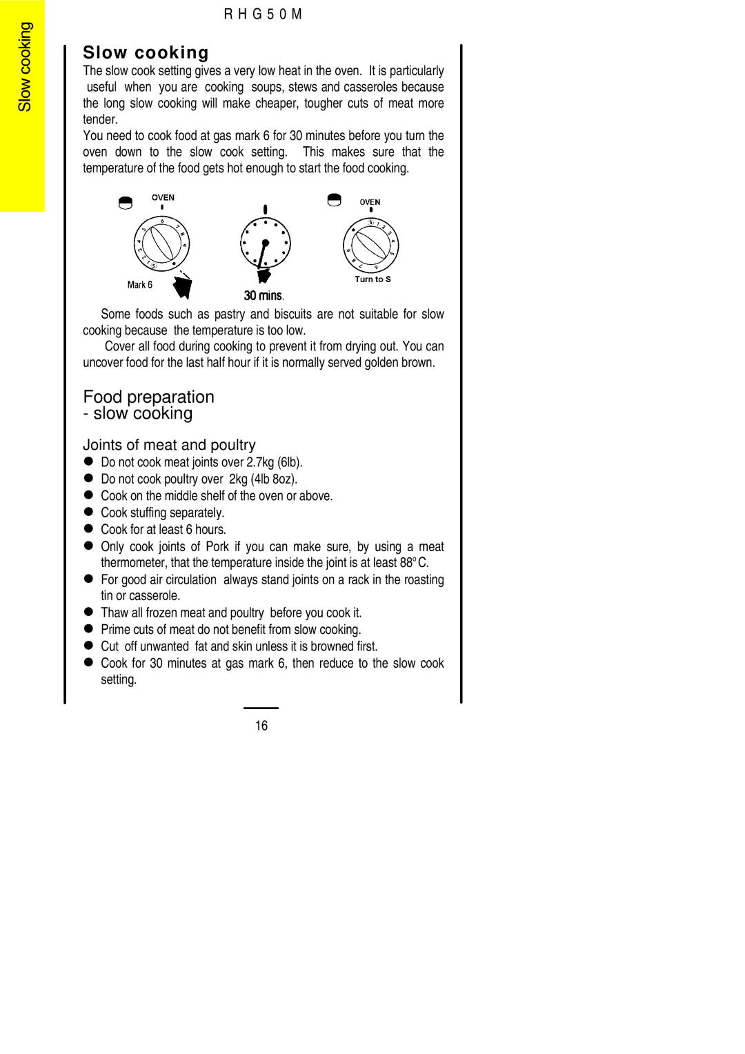 Electrolux RHG50M installation instructions Slow cooking, Food preparation slow cooking, Joints of meat and poultry 