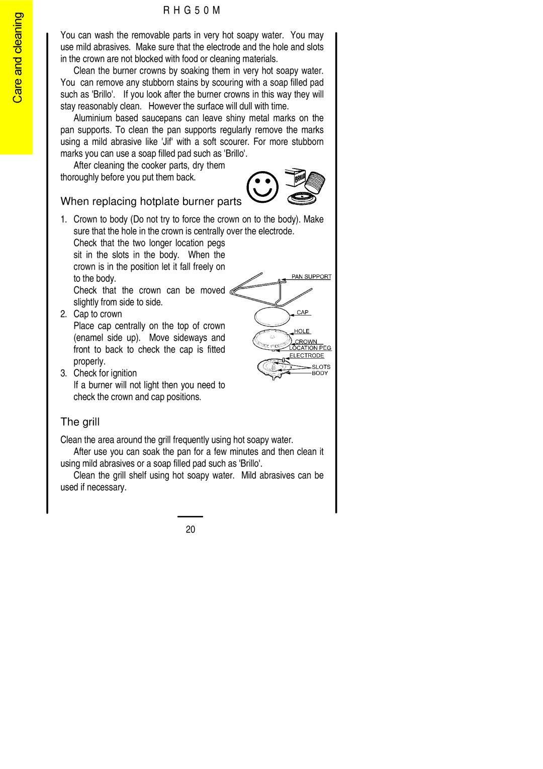 Electrolux RHG50M installation instructions When replacing hotplate burner parts, Grill 