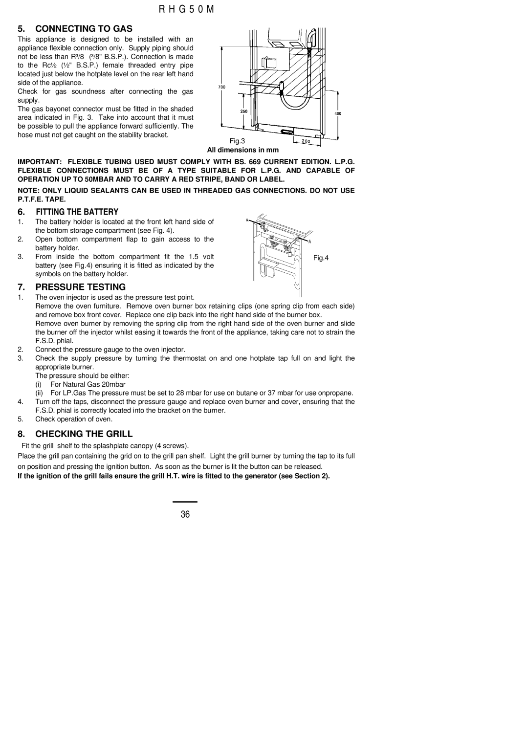 Electrolux RHG50M installation instructions Connecting to GAS, Fitting the Battery, Pressure Testing, Checking the Grill 