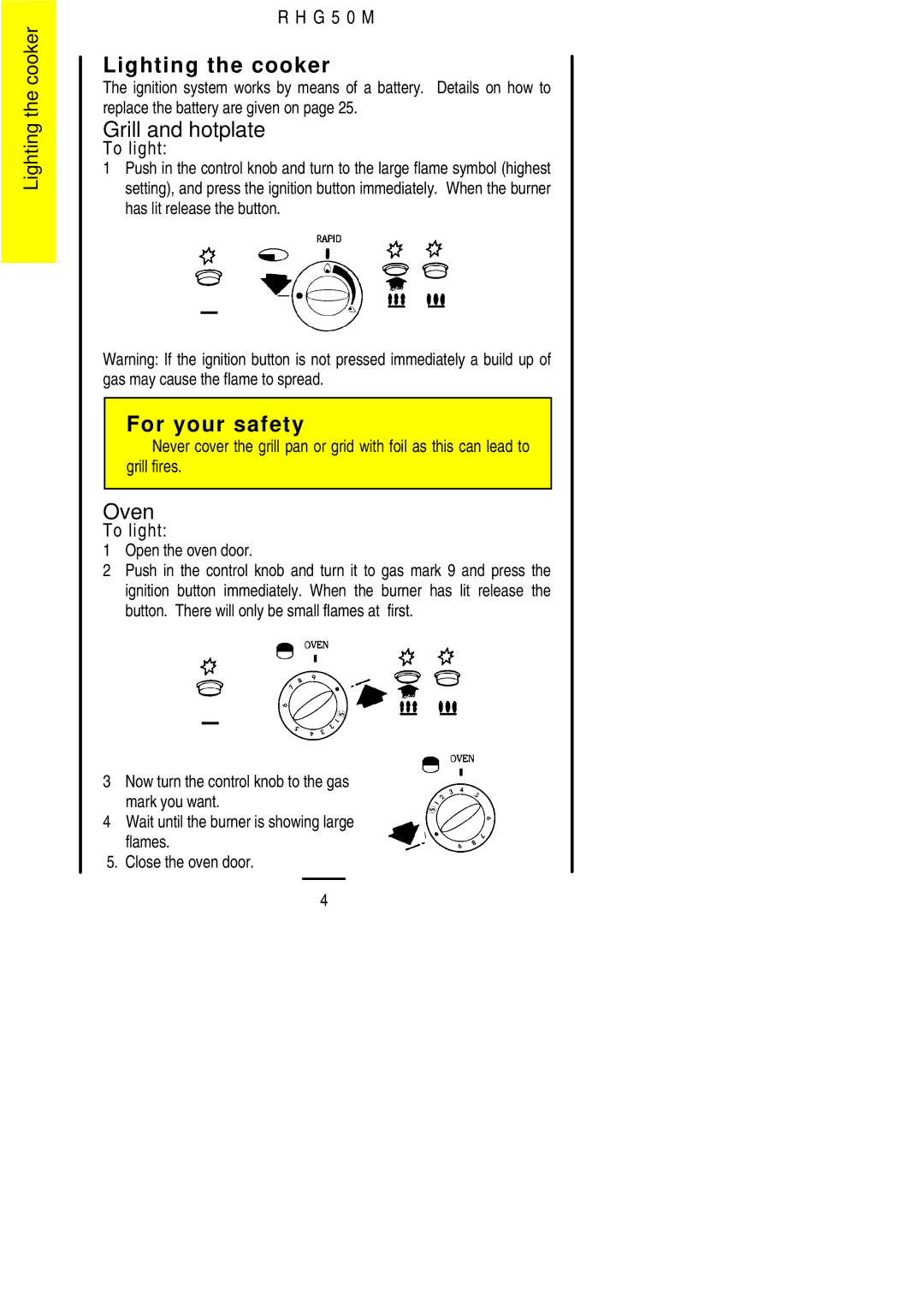 Electrolux RHG50M installation instructions Lighting the cooker, Grill and hotplate, Oven, To light, Open the oven door 