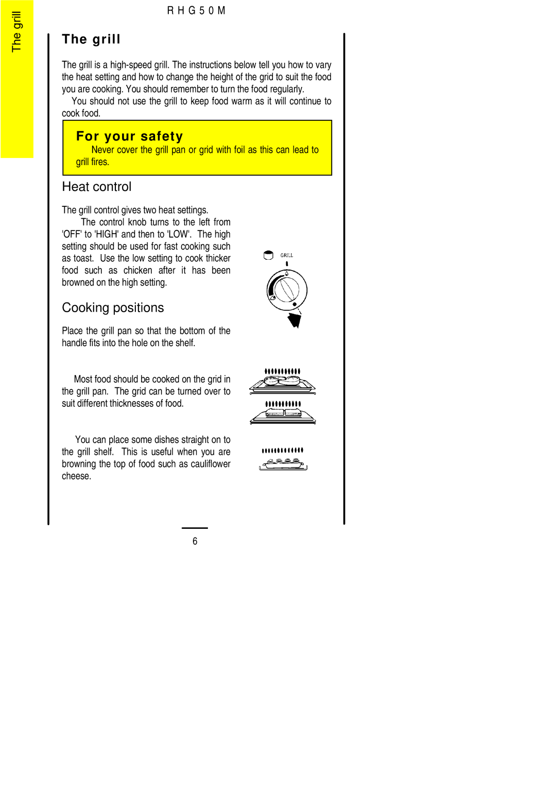 Electrolux RHG50M installation instructions Heat control, Cooking positions, Grill control gives two heat settings 