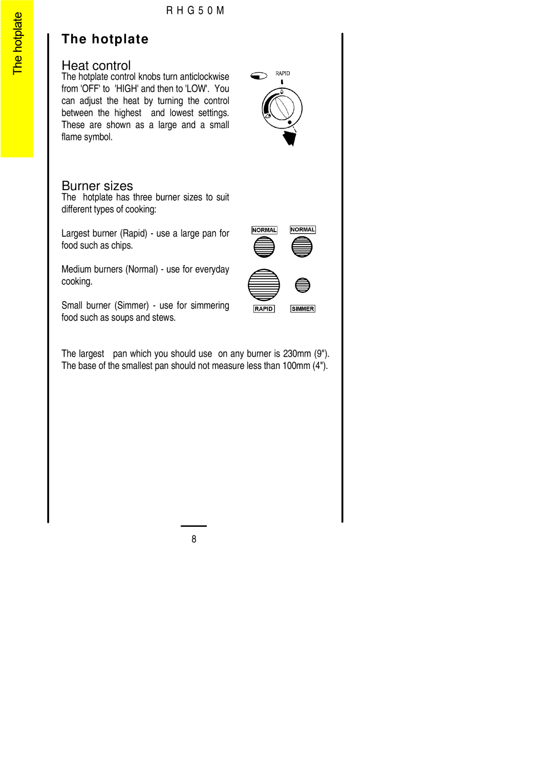 Electrolux RHG50M installation instructions Hotplate, Burner sizes 