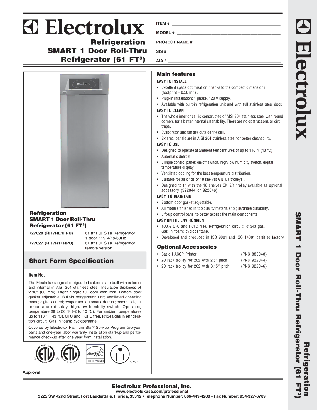 Electrolux RI17R1FRPU warranty Refrigeration, Smart 1 Door Roll-Thru, Refrigerator 61 FT, Short Form Specification 