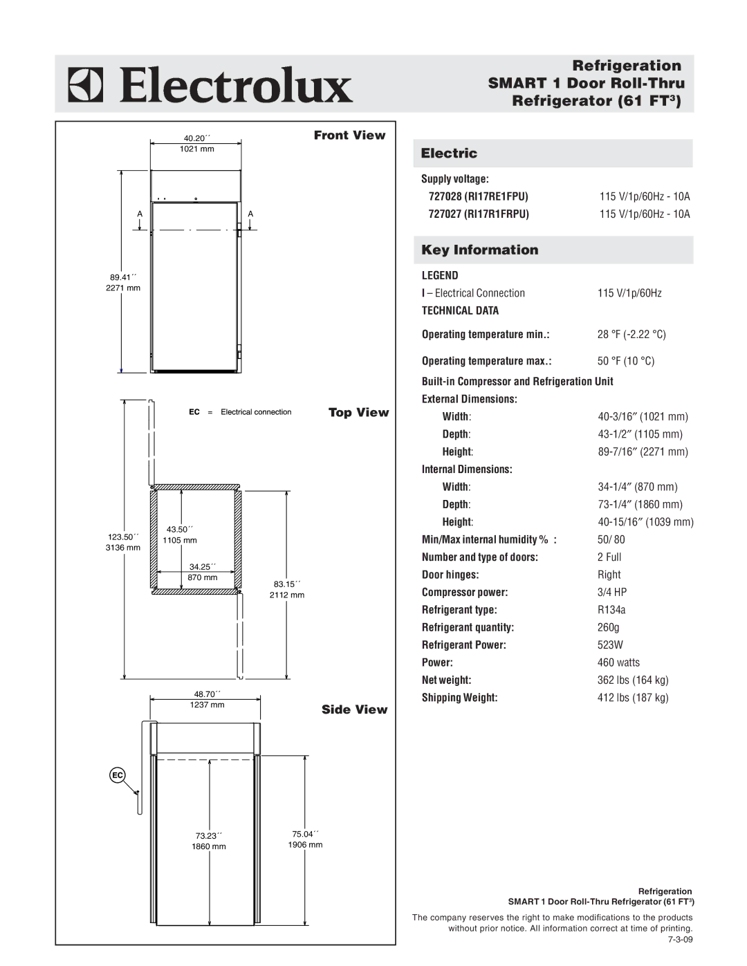 Electrolux RI17RE1FPU Refrigeration Smart 1 Door Roll-Thru Refrigerator 61 FT3, 40.20´´Front View, Top View, Side View 