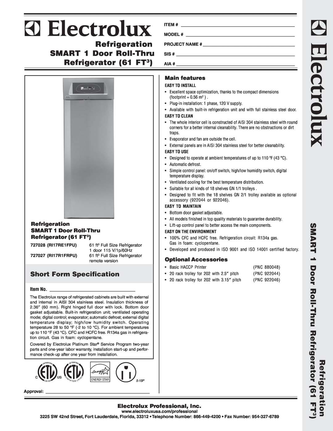 Electrolux RI17R1FRPU, RI17RE1FPU warranty Short Form Specification, Main features, Refrigeration, SMART 1 Door Roll-Thru 