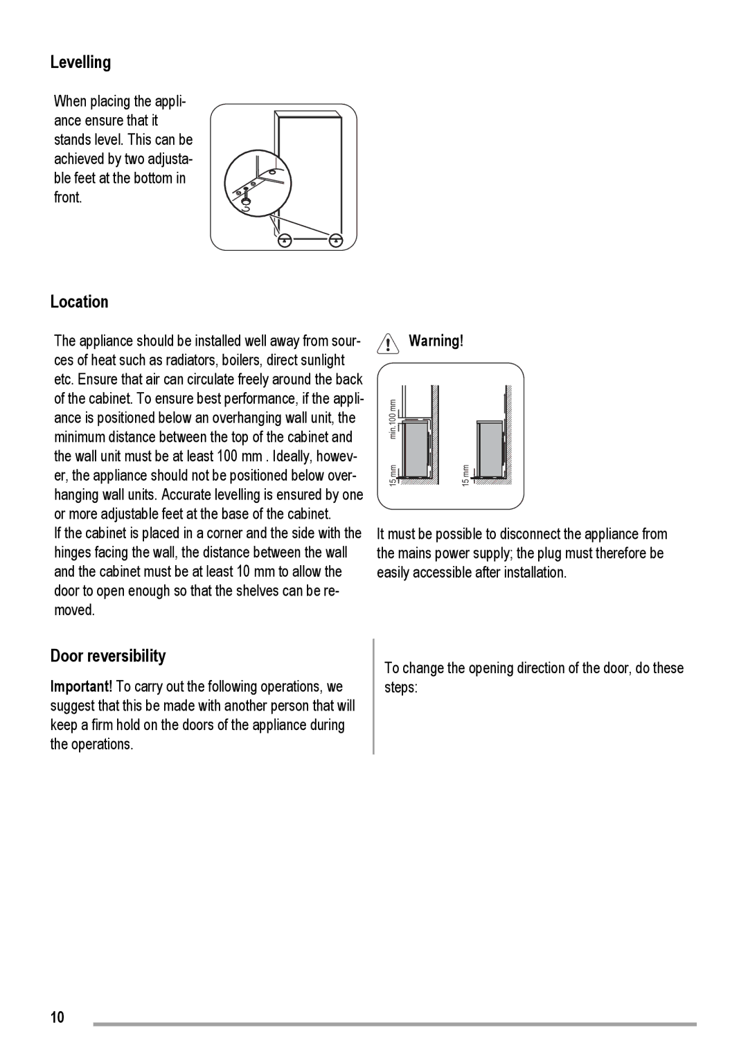 Electrolux RJPK1824 user manual Levelling, Location, Door reversibility 