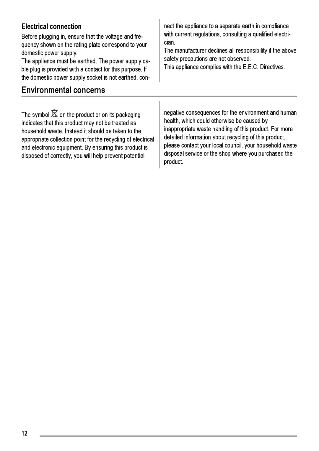 Electrolux RJPK1824 user manual Environmental concerns, Electrical connection 