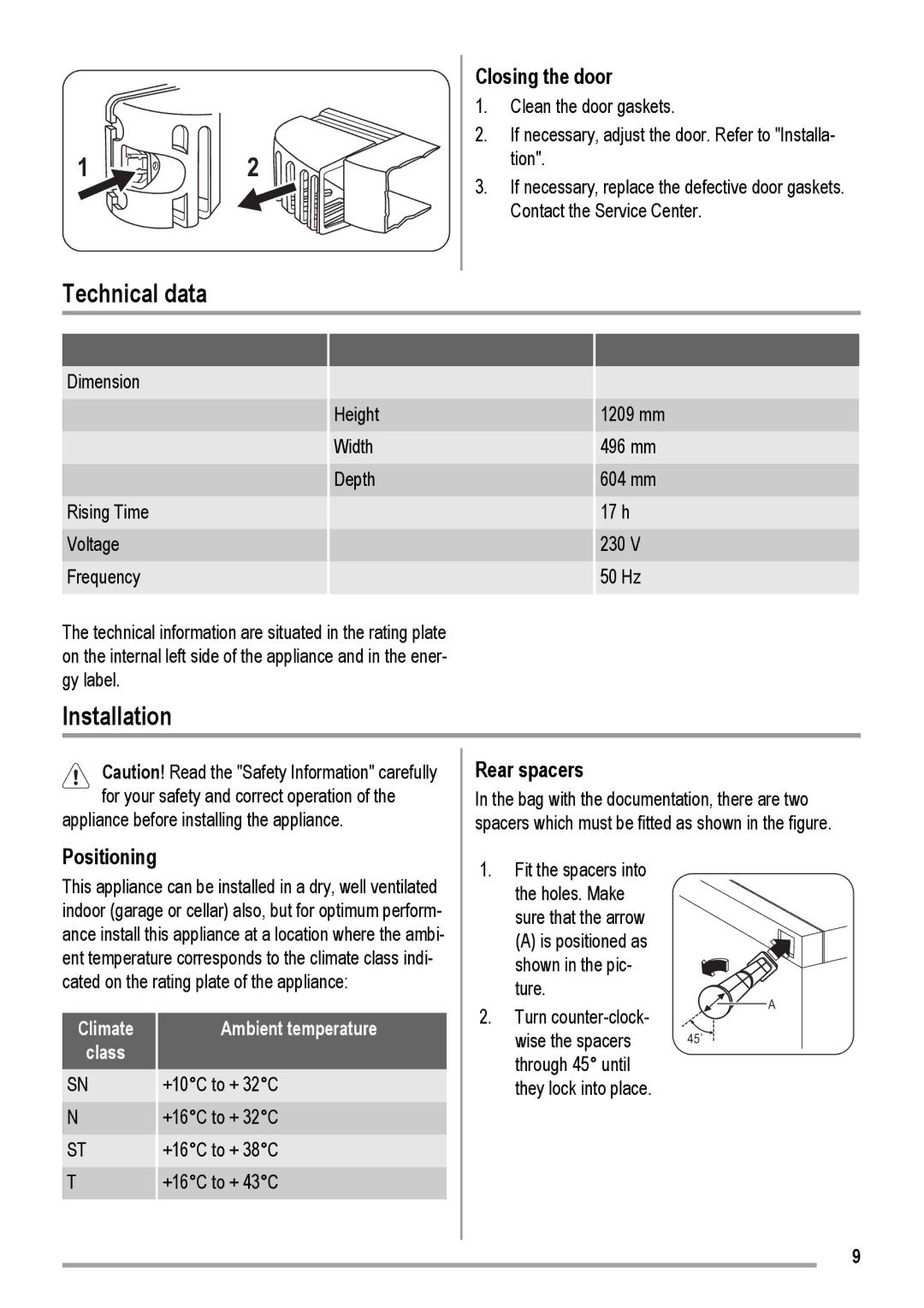 Electrolux RJPK1824 user manual Technical data, Installation, Closing the door, Positioning, Rear spacers 