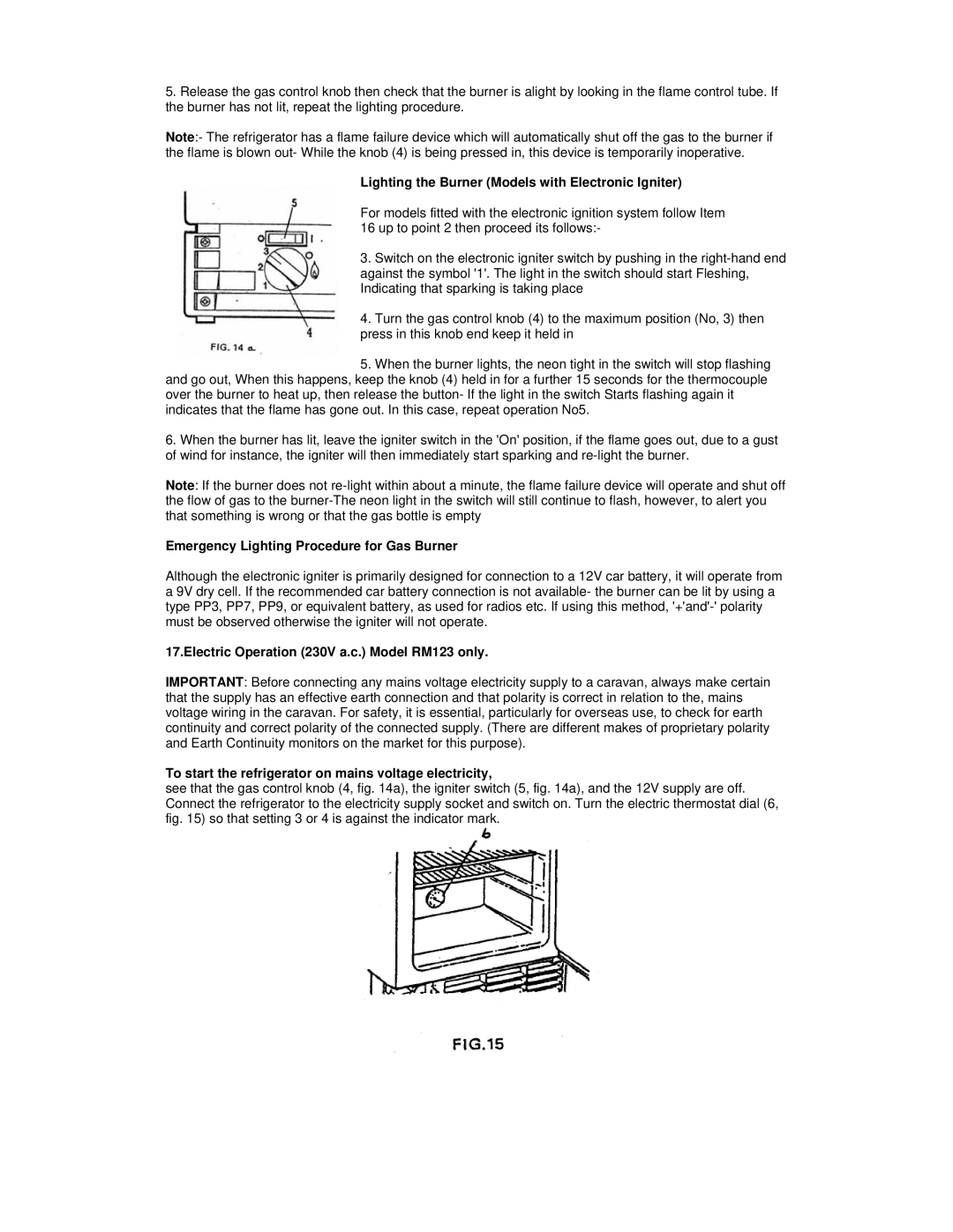 Electrolux RM 122F Lighting the Burner Models with Electronic Igniter, Emergency Lighting Procedure for Gas Burner 