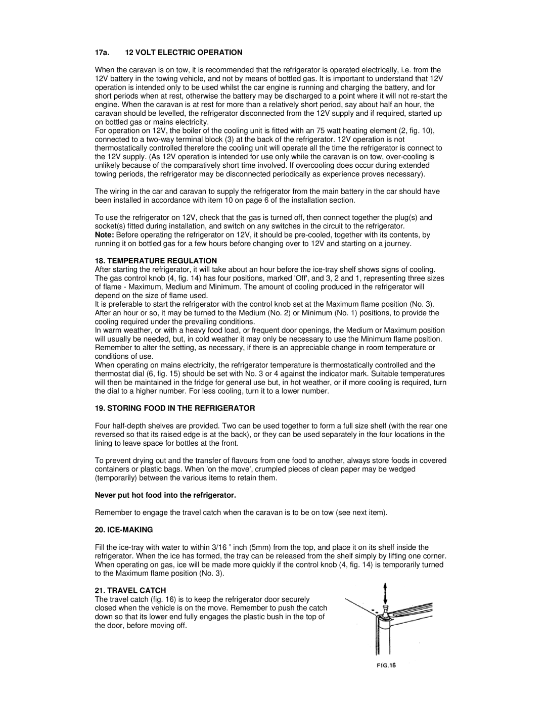 Electrolux RM 122F Temperature Regulation, Storing Food in the Refrigerator, Ice-Making, Travel Catch 