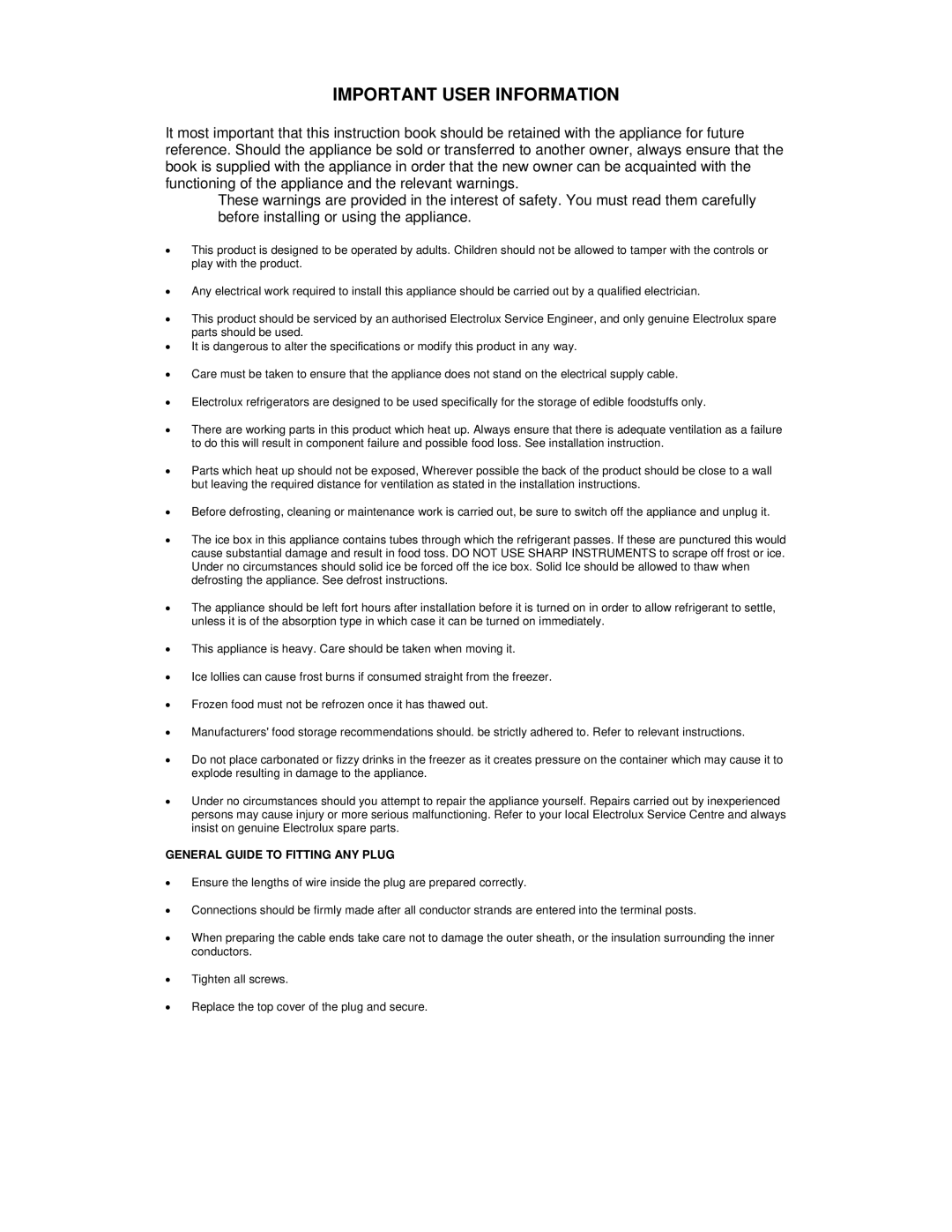 Electrolux RM 122F installation instructions Important User Information 