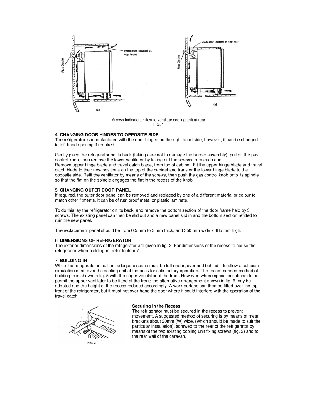 Electrolux RM 122F Changing Door Hinges to Opposite Side, Changing Outer Door Panel, Dimensions of Refrigerator 