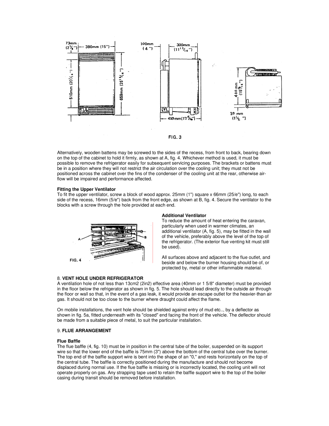 Electrolux RM 122F Fitting the Upper Ventilator, Additional Ventilator, Vent Hole Under Refrigerator, Flue Arrangement 