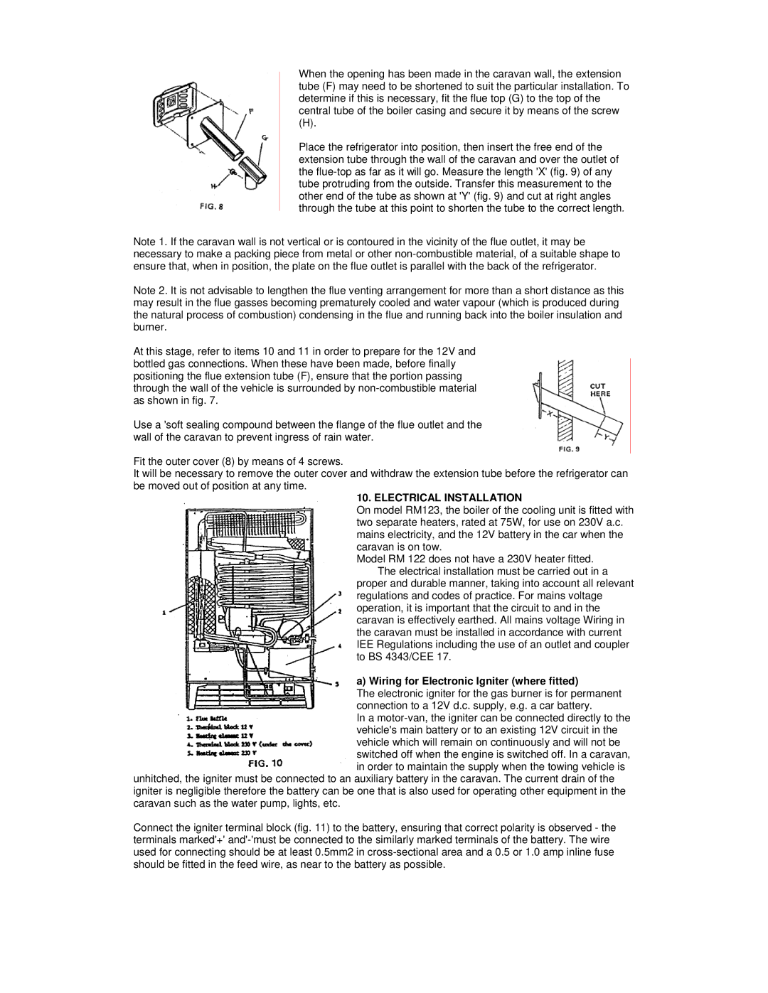 Electrolux RM 122F installation instructions Electrical Installation, Wiring for Electronic Igniter where fitted 