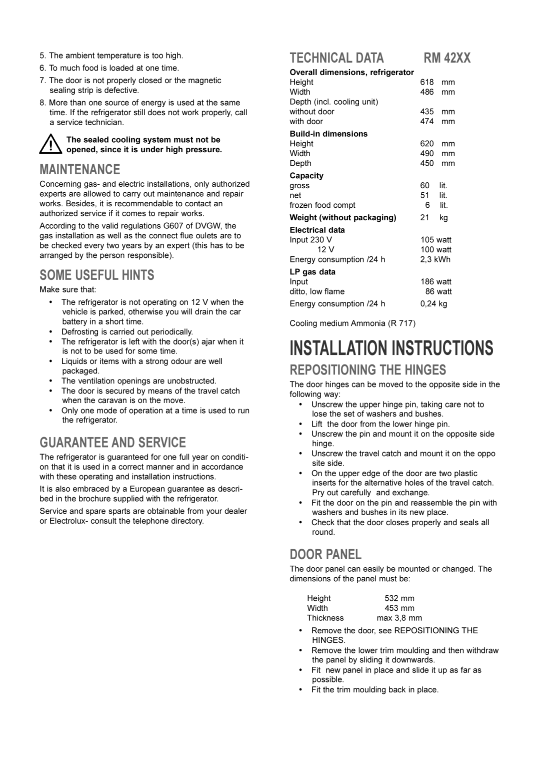 Electrolux Rm 4211 manual Maintenance, Some Useful Hints, Guarantee and Service, Technical Data, Repositioning the Hinges 