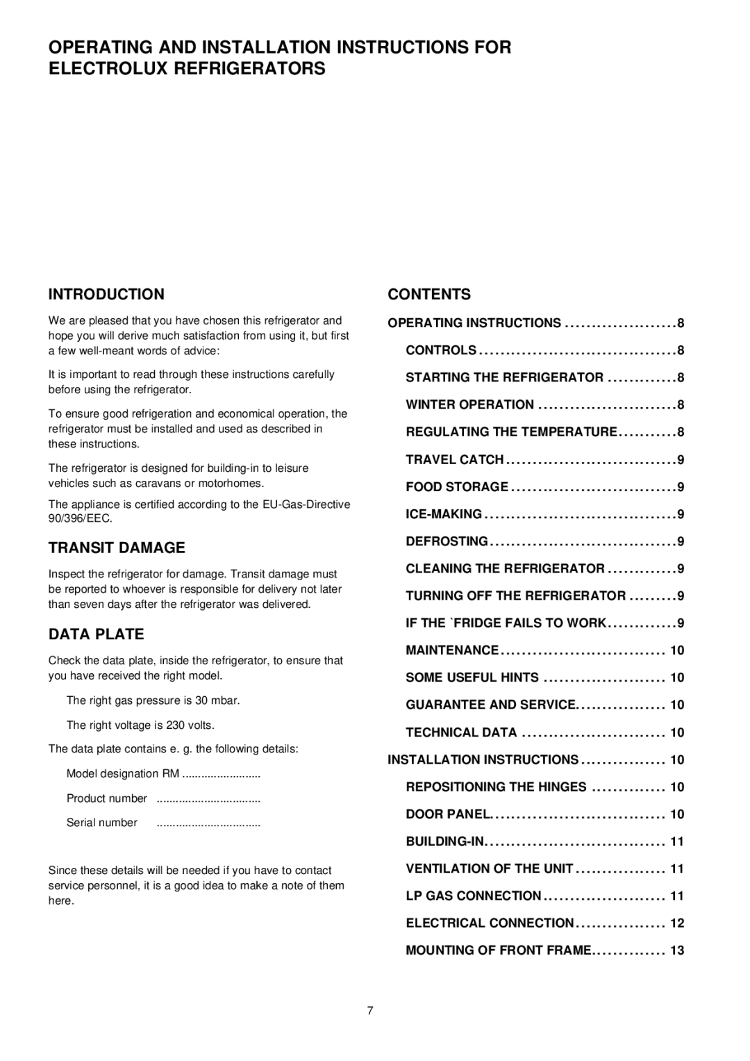 Electrolux RM 4212, RM 4213 manual Introduction, Transit Damage, Data Plate, Contents 