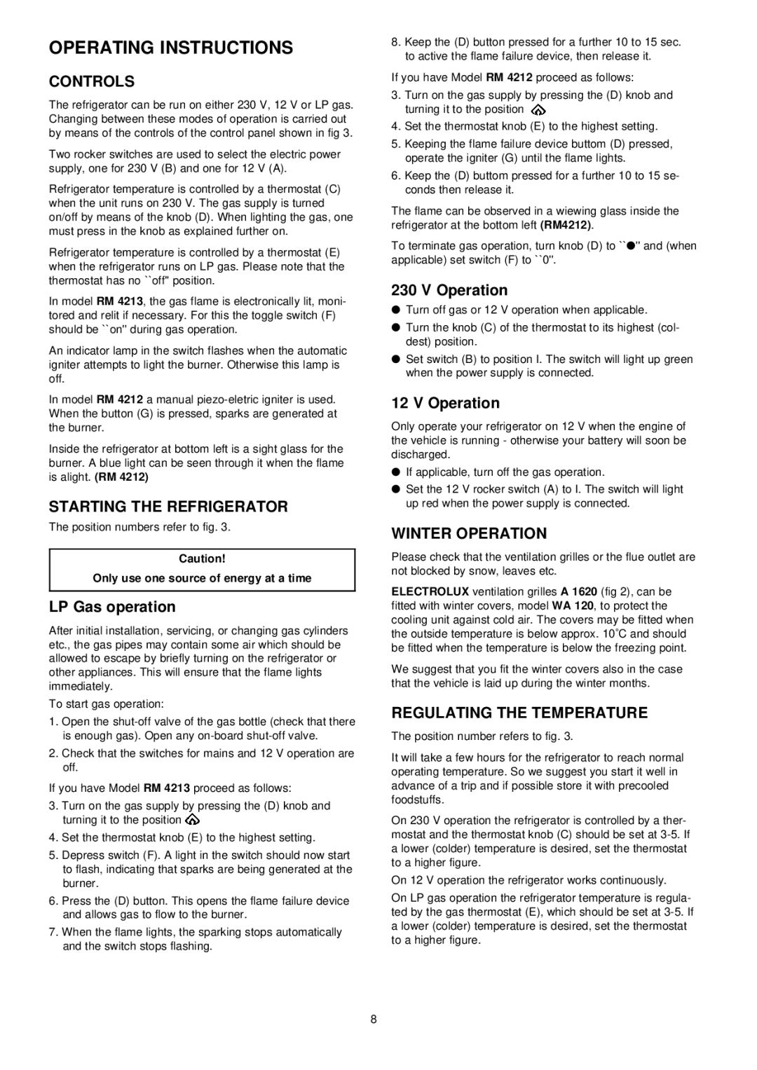 Electrolux RM 4213, RM 4212 manual Controls, Starting the Refrigerator, Winter Operation, Regulating the Temperature 