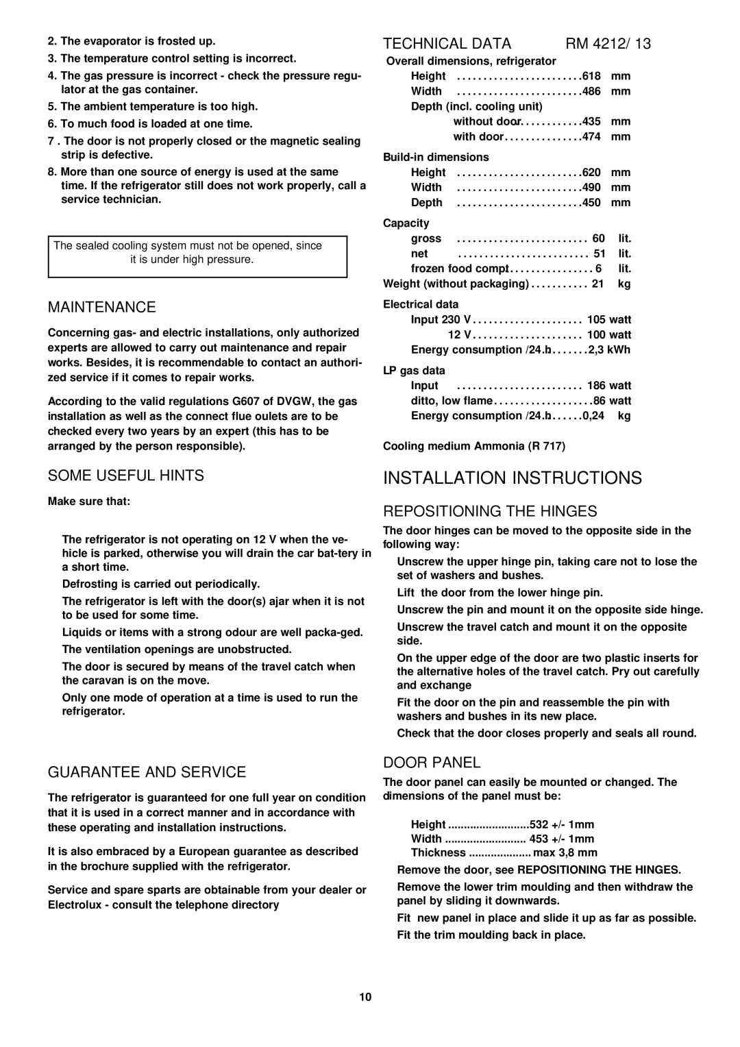 Electrolux RM 4213 manual Maintenance, Some Useful Hints, Guarantee and Service, Technical Data, Repositioning the Hinges 