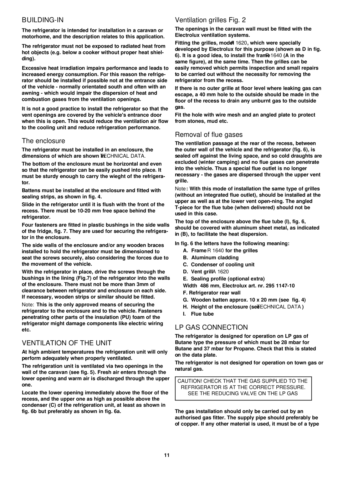 Electrolux RM 4212, RM 4213 manual Building-In, Ventilation of the Unit, LP GAS Connection 