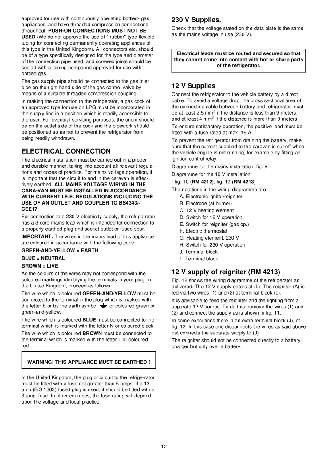 Electrolux RM 4213, RM 4212 manual Electrical Connection, Supplies, Supply of reigniter RM 