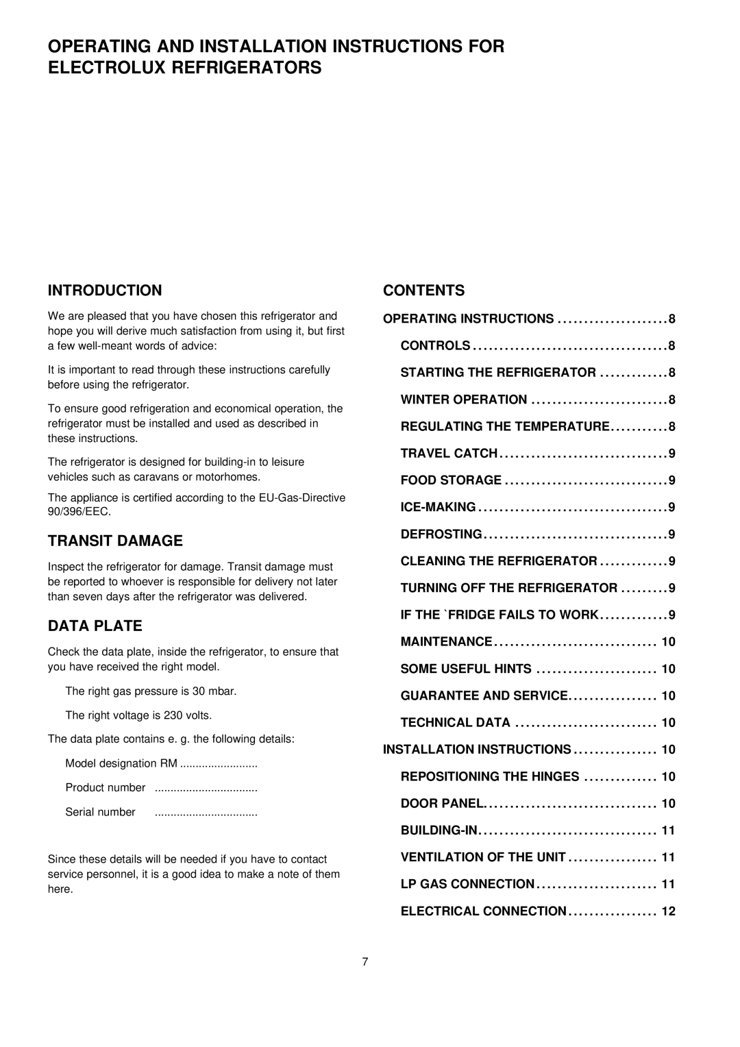 Electrolux RM 4281, RM 4280 manual Introduction, Transit Damage, Data Plate, Contents 