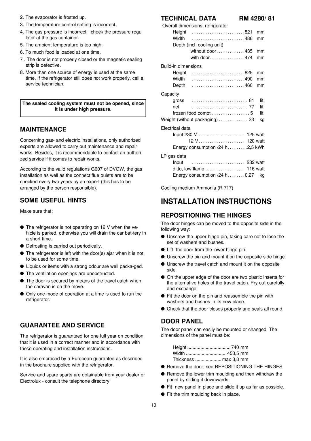 Electrolux RM 4280 manual Maintenance, Some Useful Hints, Guarantee and Service, Technical Data, Repositioning the Hinges 