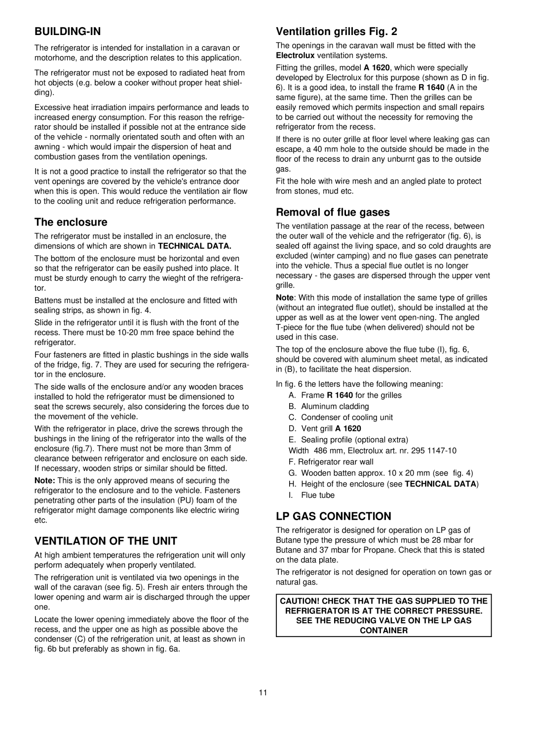 Electrolux RM 4281, RM 4280 manual Building-In, Ventilation of the Unit, LP GAS Connection 