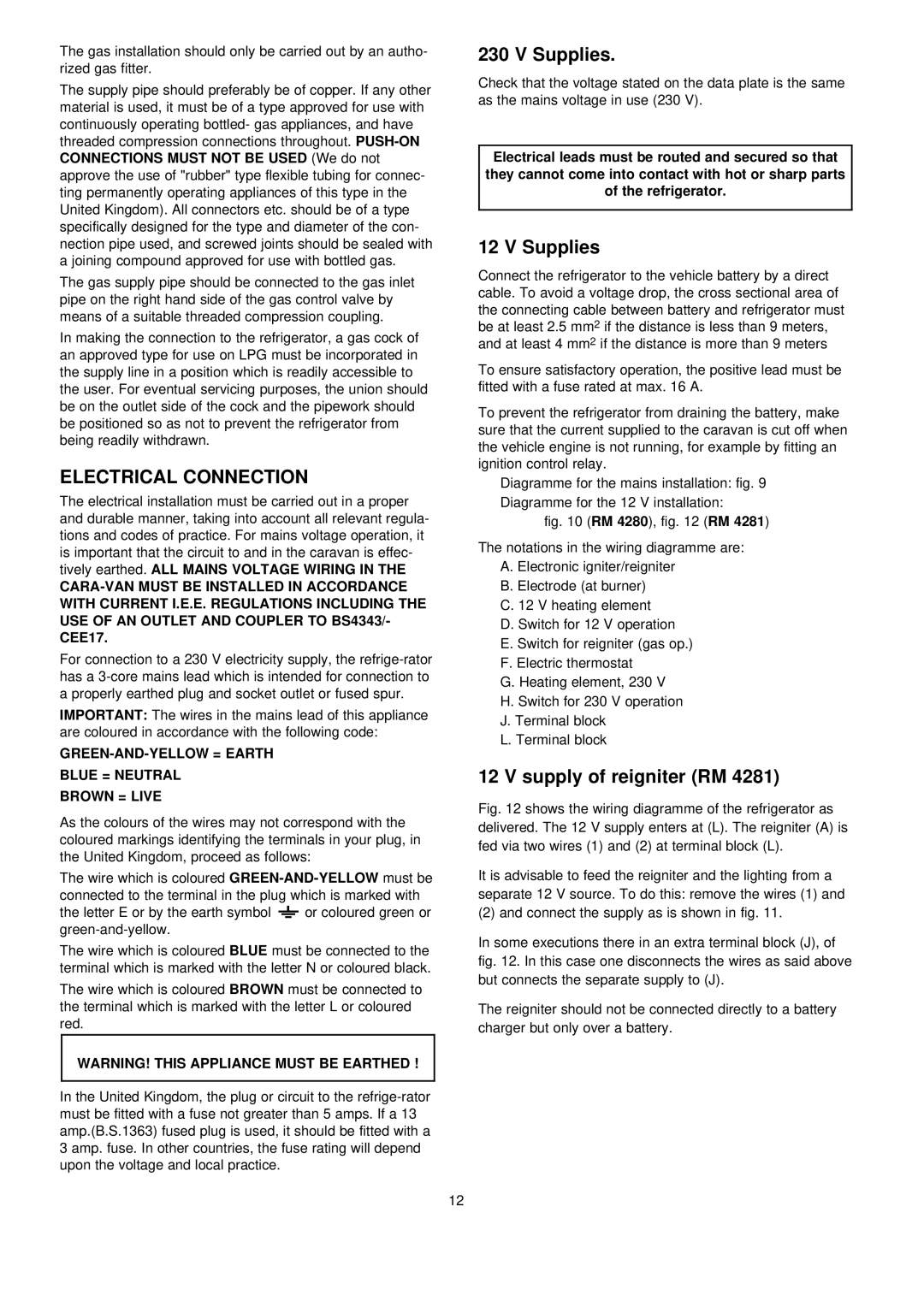 Electrolux RM 4280, RM 4281 manual Electrical Connection, Supplies, Supply of reigniter RM 