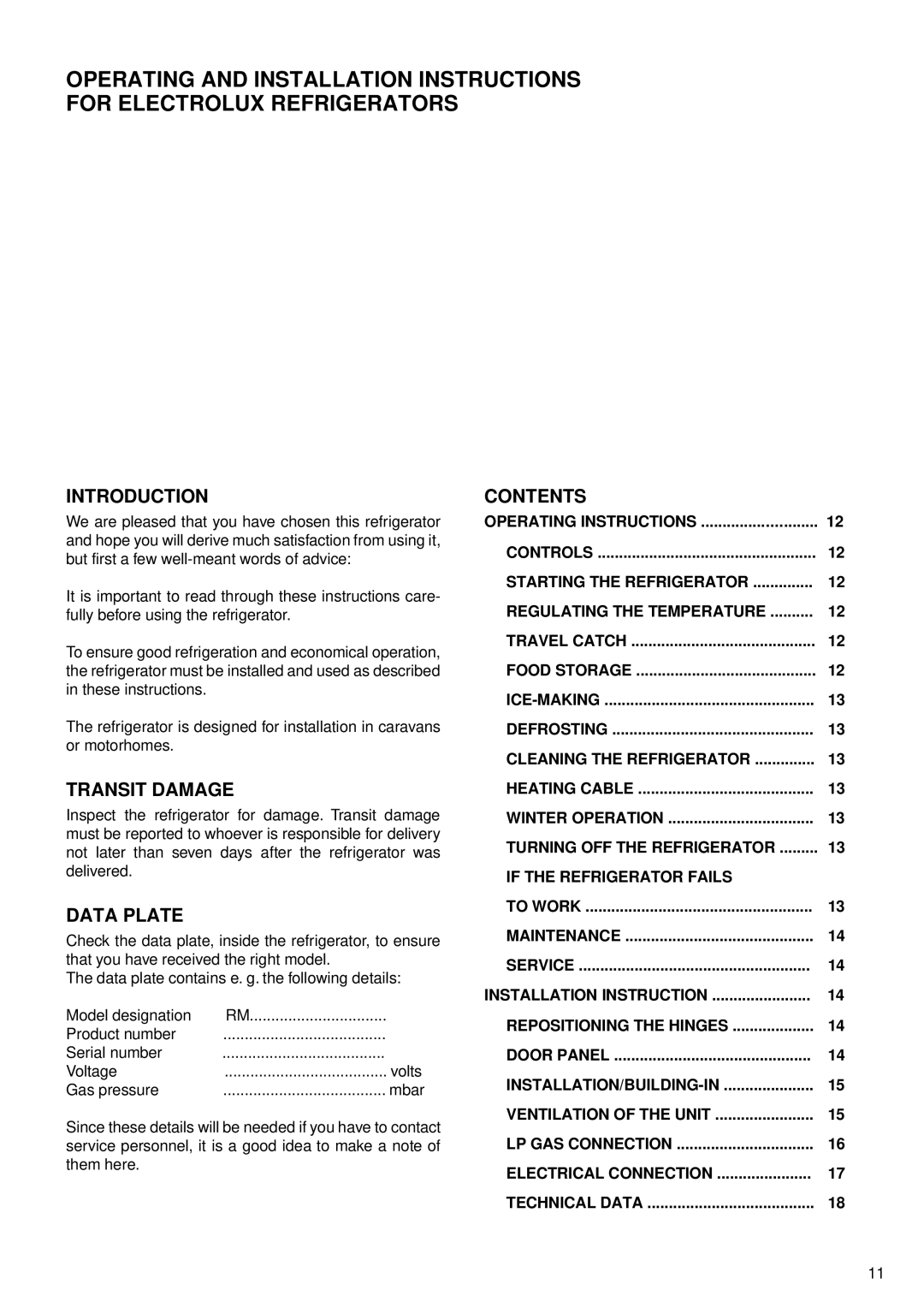 Electrolux RM 6501 manual Introduction, Transit Damage, Data Plate, Contents 