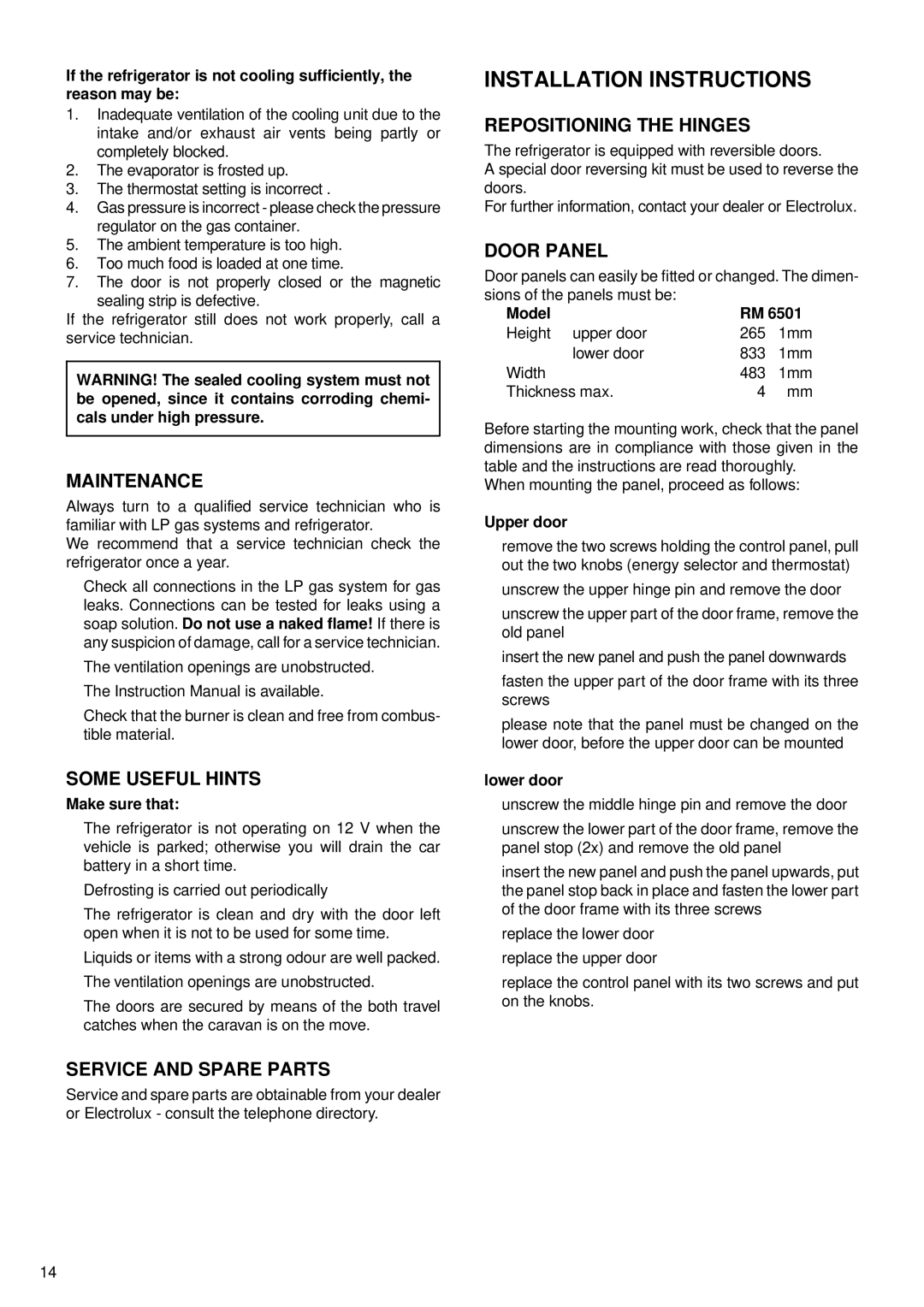 Electrolux RM 6501 manual Maintenance, Some Useful Hints, Service and Spare Parts, Repositioning the Hinges, Door Panel 