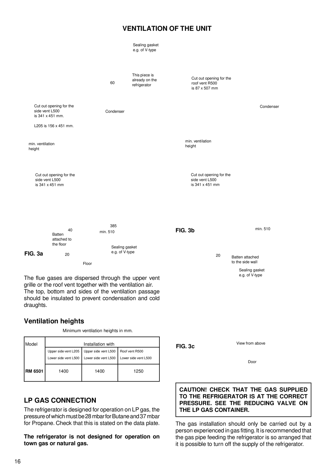 Electrolux RM 6501 manual Ventilation heights, LP GAS Connection 