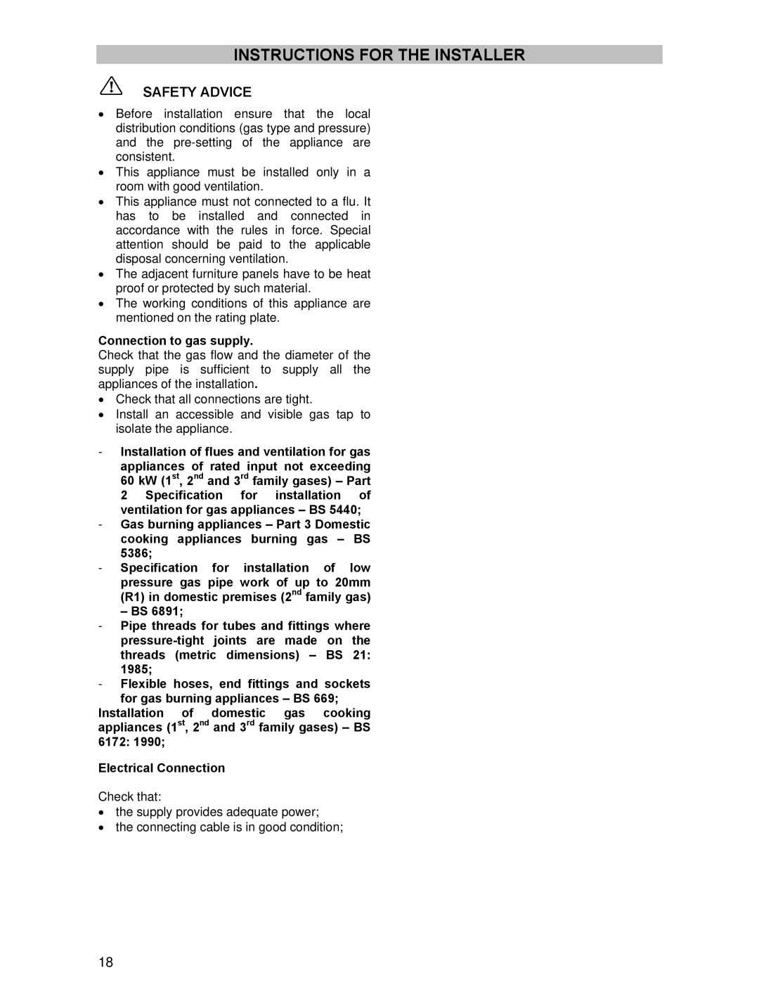 Electrolux RM 850CN, RM 850GRN manual Instructions for the Installer, Connection to gas supply 