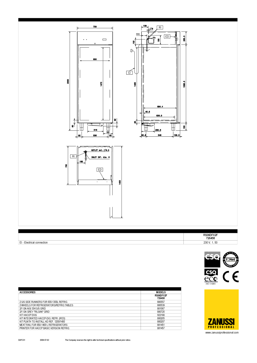 Electrolux dimensions Optional Accessories Models RS06DFX2F 