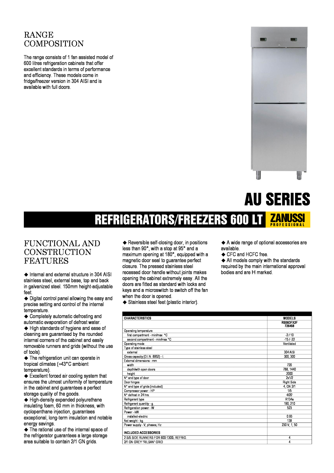 Electrolux RS06DFX2F dimensions Au Series, REFRIGERATORS/FREEZERS 600 LT ZANUSSIP R O F E S S I O N A L, Range Composition 