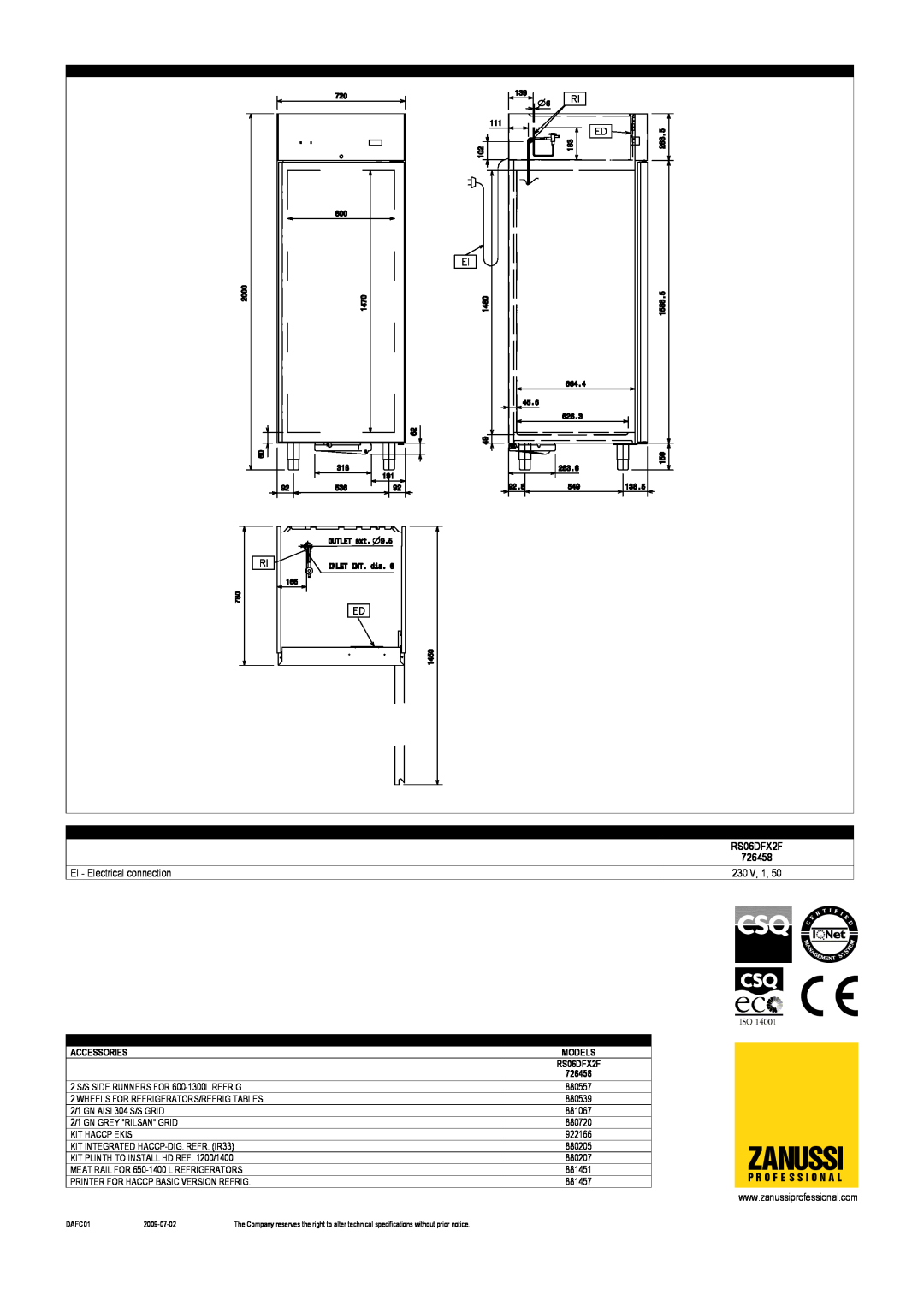 Electrolux dimensions Zanussi, EI - Electrical connection, RS06DFX2F 726458, 230 V, 1, Optional Accessories, Models 
