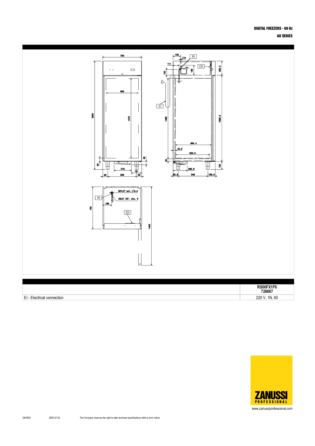 Electrolux RS06FX1F6, RS13FX2F6 dimensions Zanussi 