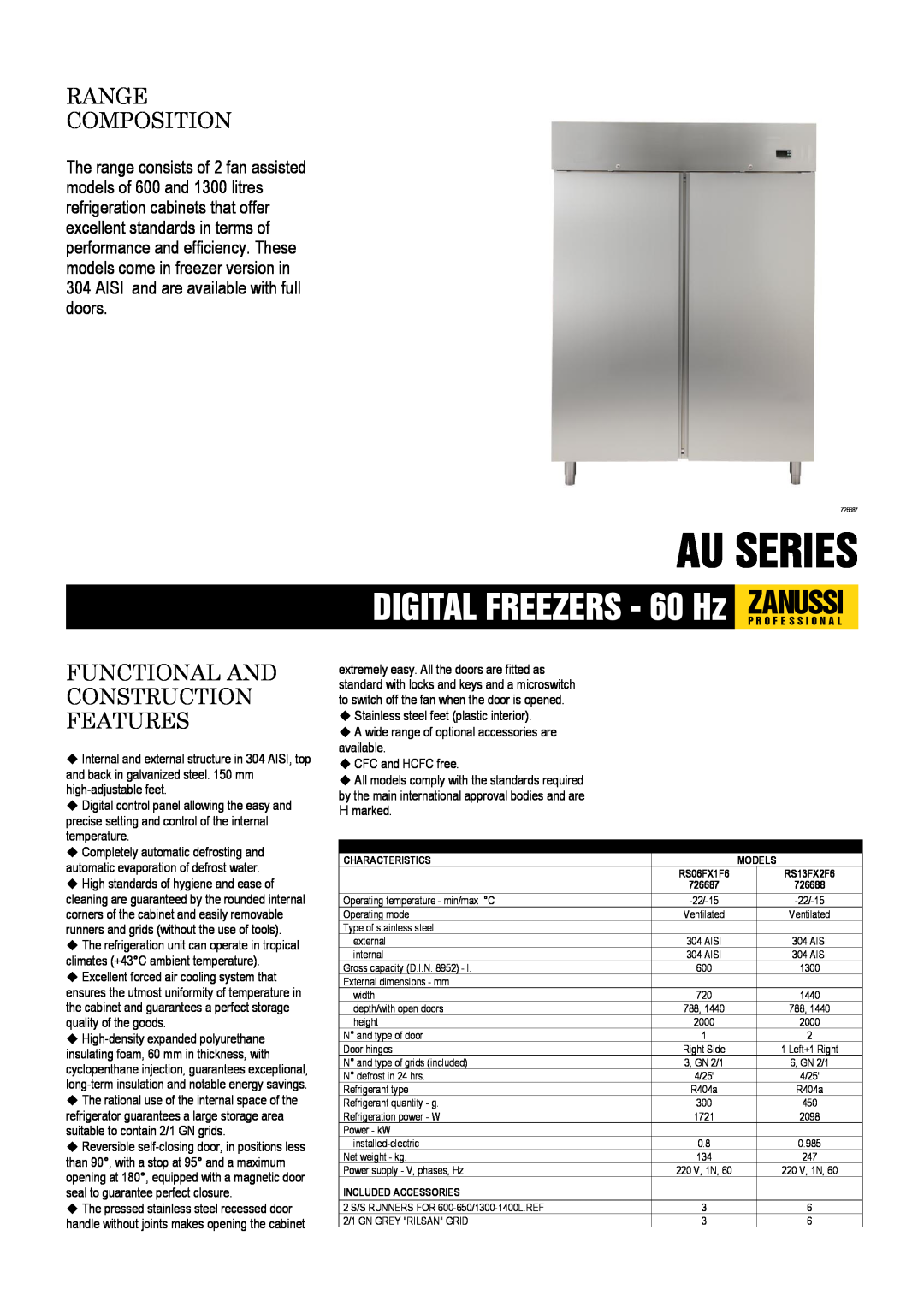 Electrolux RS06FX1F6 dimensions Au Series, DIGITAL FREEZERS - 60 Hz ZANUSSIP R O F E S S I O N A L, Range Composition 