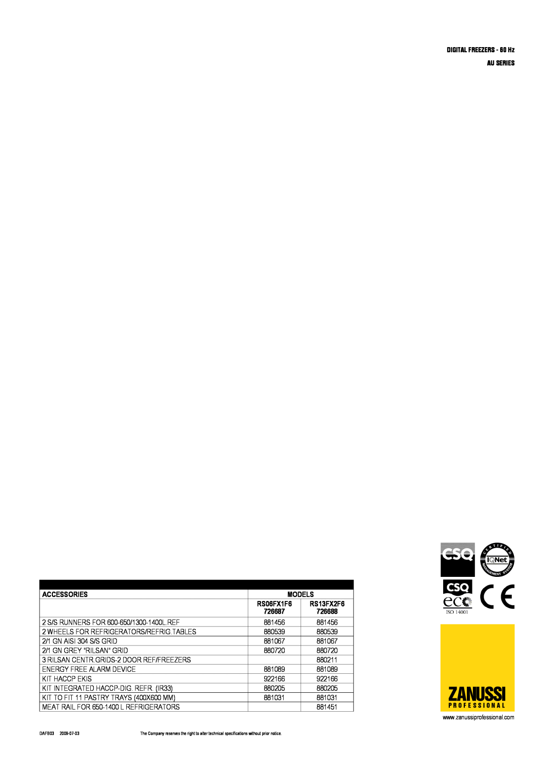 Electrolux RS13FX2F6, RS06FX1F6 dimensions Zanussi, Optional Accessories, Models, 726687, 726688 